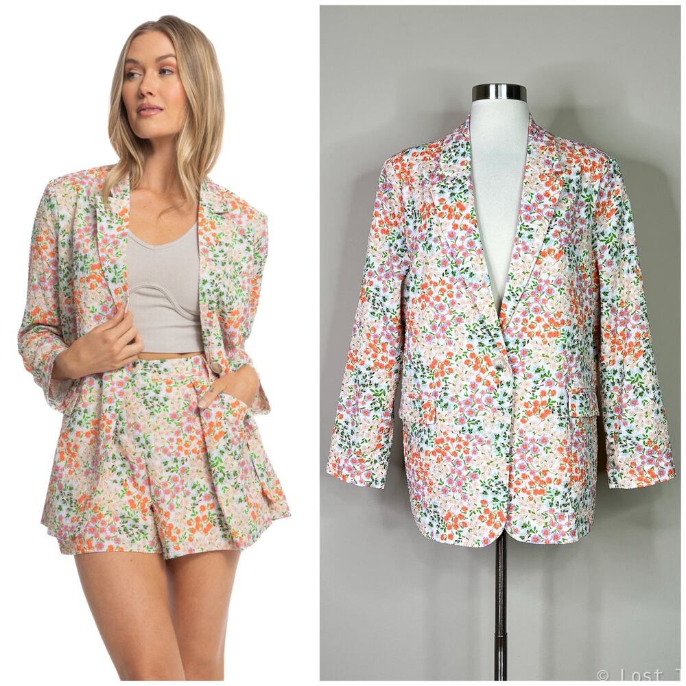 NEW DRA | Spring Blooms Floral Print White Ponte Boxy Blazer Jacket NWT Large